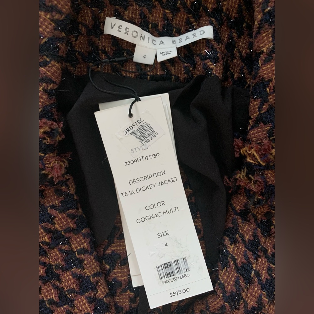 Veronica Beard Taja Dickey Jacket Size 4 Cognac Brown Tweed Houndstooth Blazer - Picture 8 of 16